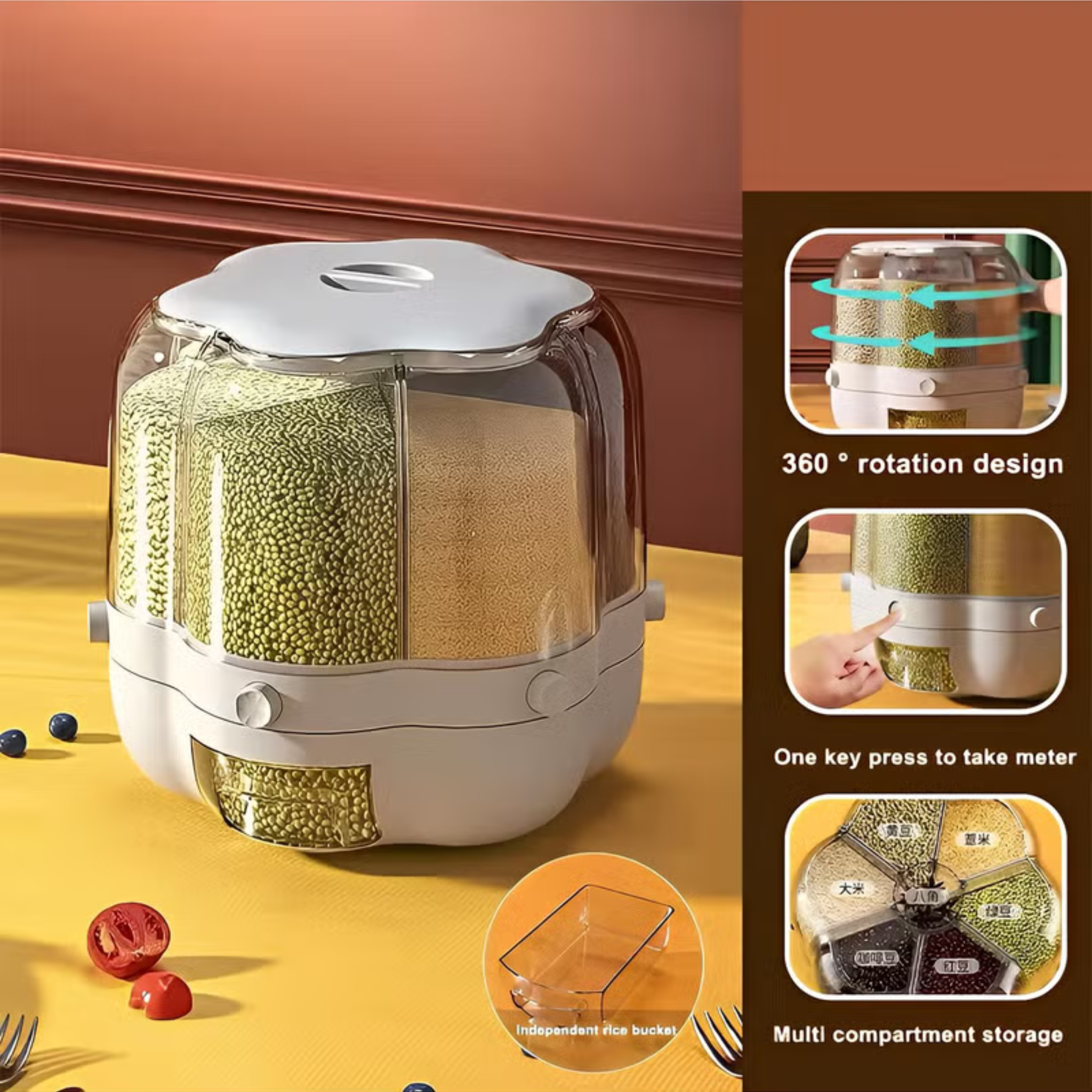 360 Degree Rotating Cereal Dispenser (العبارة العربية هي: موزّع حبوب دوّار بزاوية 360 درجة.)